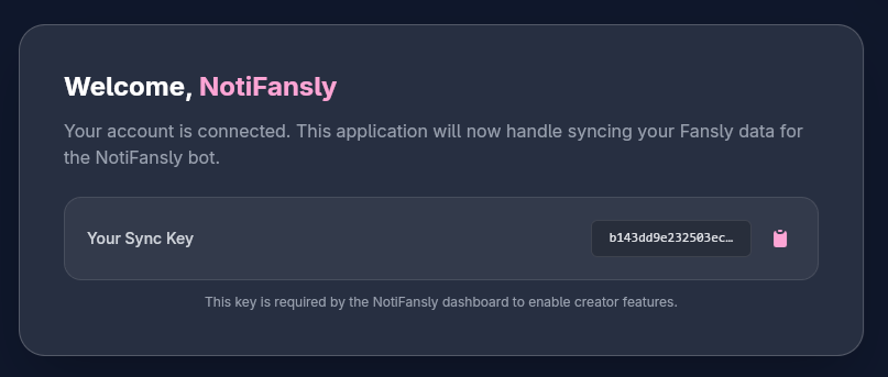Desktop sync app showing credentials